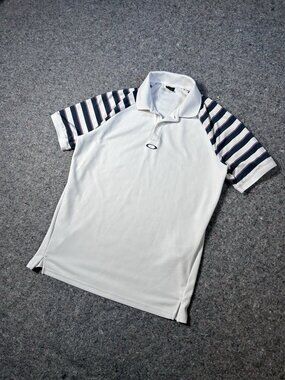 Oakley Golf Polo Shirt Sz L White Striped Raglan Sleeve Regular Fit Performance